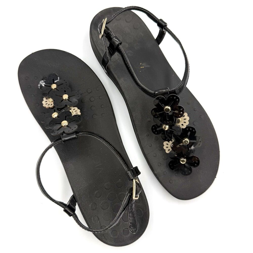 Vionic Julie II Black Floral T-Strap Sandals Women’s Size 9 Orthotic Comfort